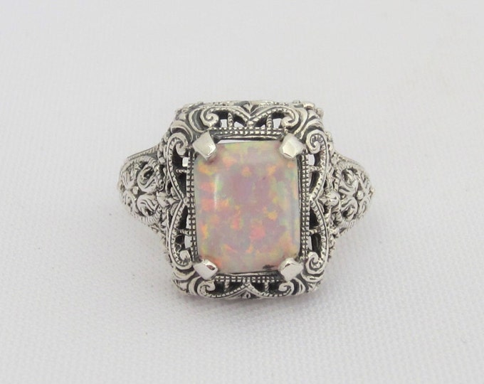 Vintage Sterling Silver White Opal Filigree Ring Size 10