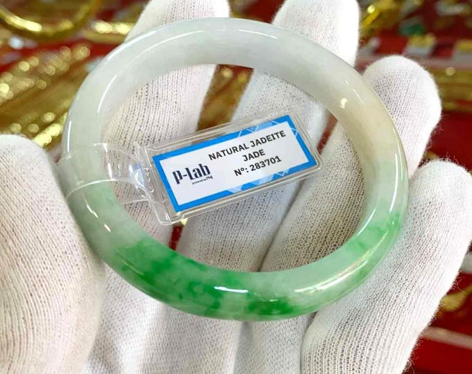 Translucent Natural Green, White, Yellow Jadeite Jade Vintage Bangle Bracelet 55MM