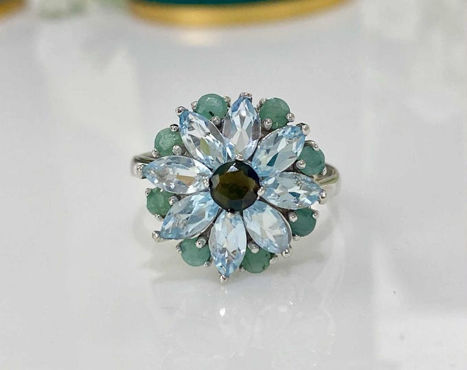 Vintage Sterling Silver Natural Black Opal & Aquamarine, Emerald Flower Ring Size 8