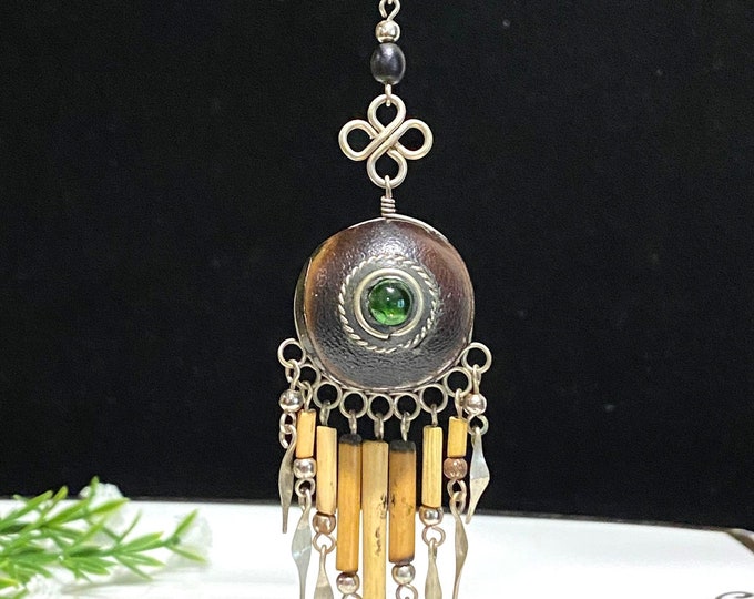 Antique Himalayan Luk Mik Magic Eye Amulet Bead with Green Cabochon Glass Pendant.