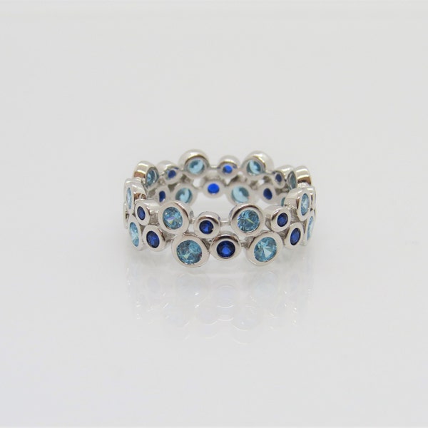 Sterling Silver Aquamarine & Blue Sapphire Band Ring Size 7
