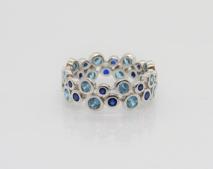 Sterling Silver Aquamarine & Blue Sapphire Band Ring Size 7