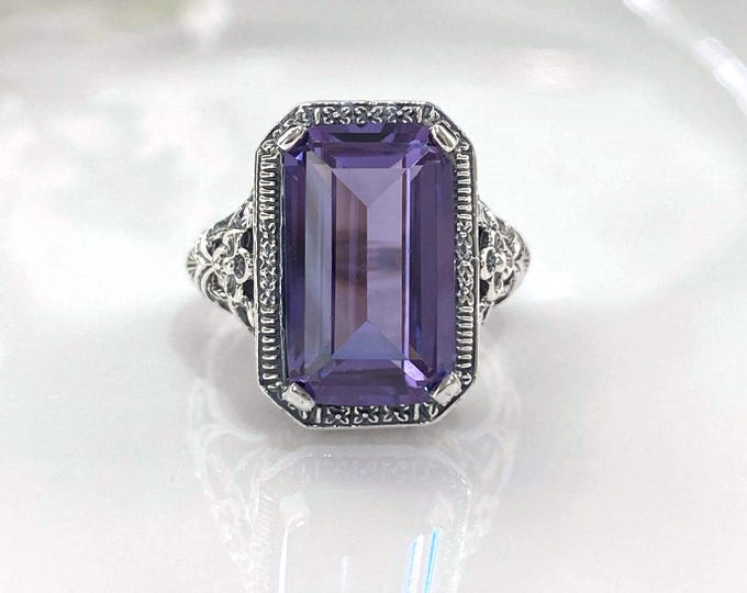 Vintage Sterling Silver Alexandrite Filigree Flower Ring Size 9