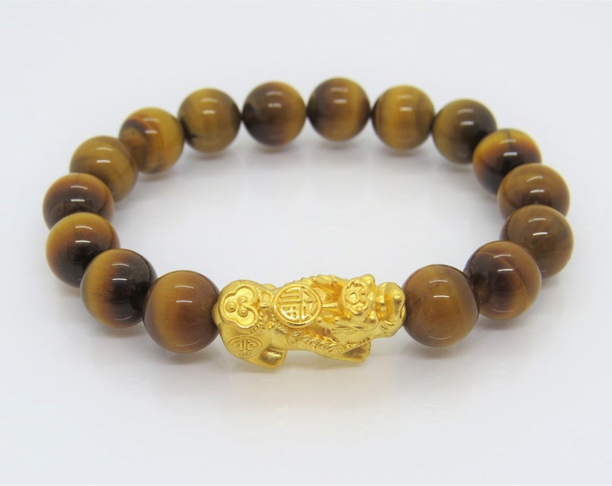 Vintage 24K 9999 Yellow Gold 3D Pixiu with Tiger's Eye Bead Elastic Bracelet