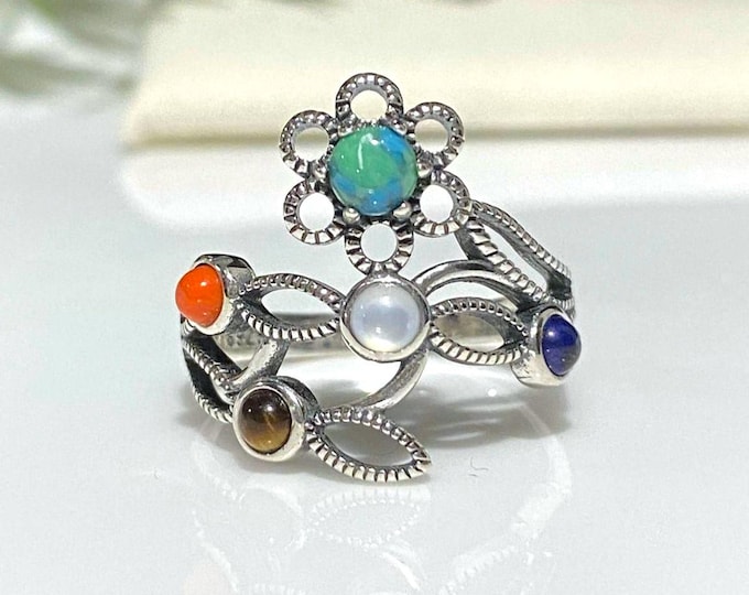 Vintage Sterling Silver Mixed Gemstones Filigree Ring.