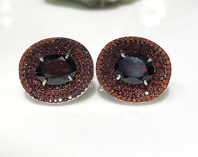 Vintage Sterling Silver Natural Garnet Halo Earrings.