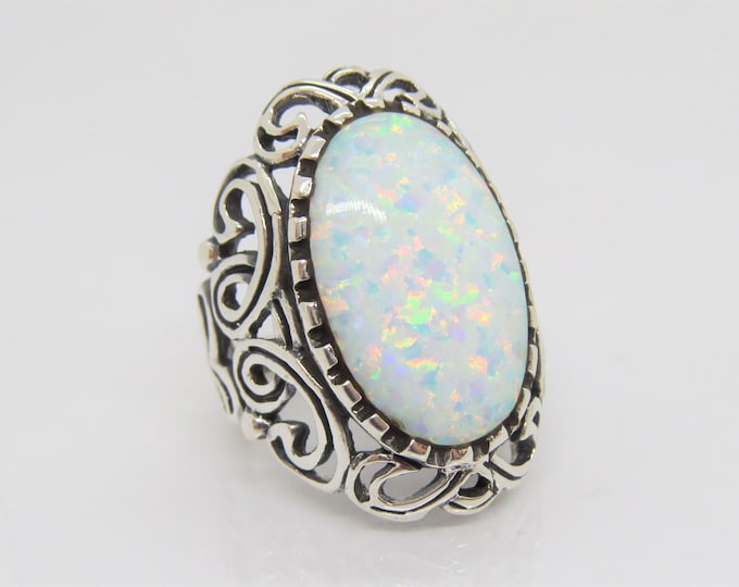 Vintage Sterling Silver Oval White Opal Filigree Dome Ring Size 8.5