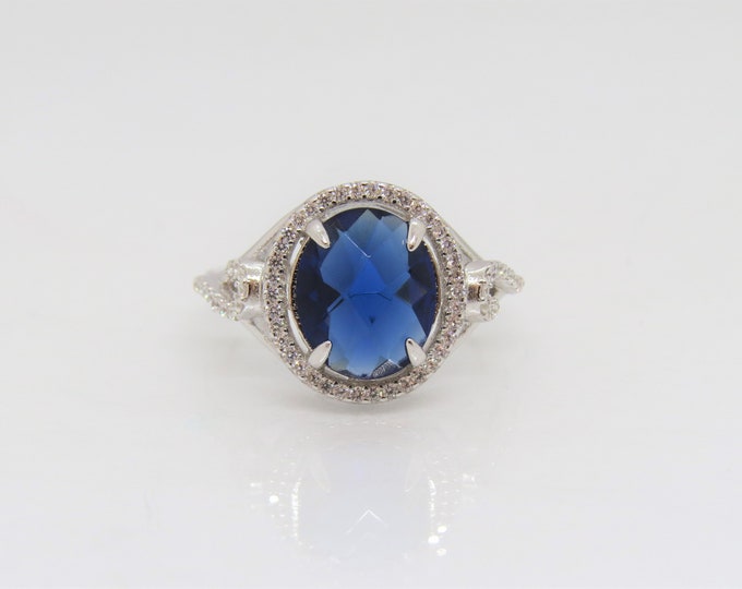 Vintage Sterling Silver Blue Sapphire & White Topaz Solitaire Ring Size 8
