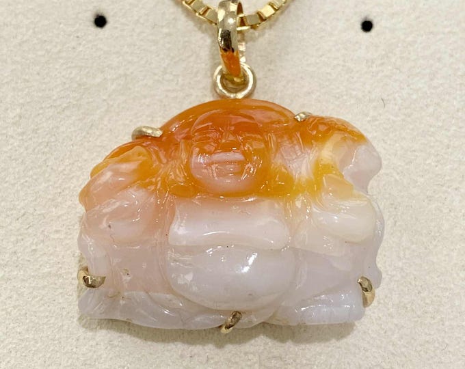 Vintage 14K Solid Yellow Gold 40ctw Natural Orange White Coral Happy Buddha Pendant.