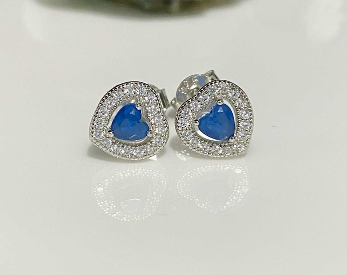 Vintage Sterling Silver Blue Sapphire & White Topaz Heart Earrings.