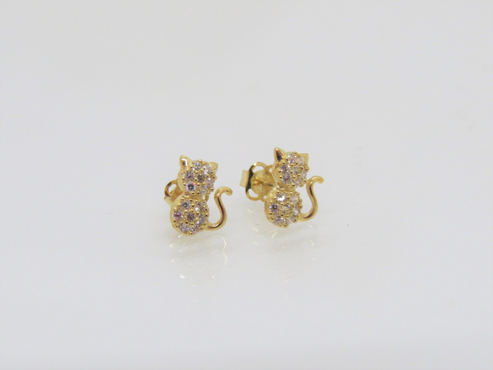 Vintage 14K Solid Yellow Gold White Topaz Kitty Cat Stud | Etsy