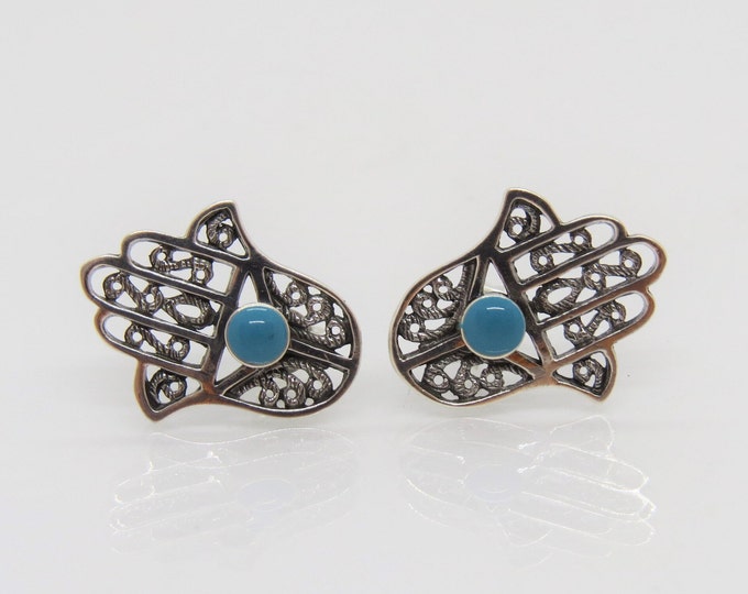 Vintage Sterling Silver Turquoise Hamsa Hand Earrings