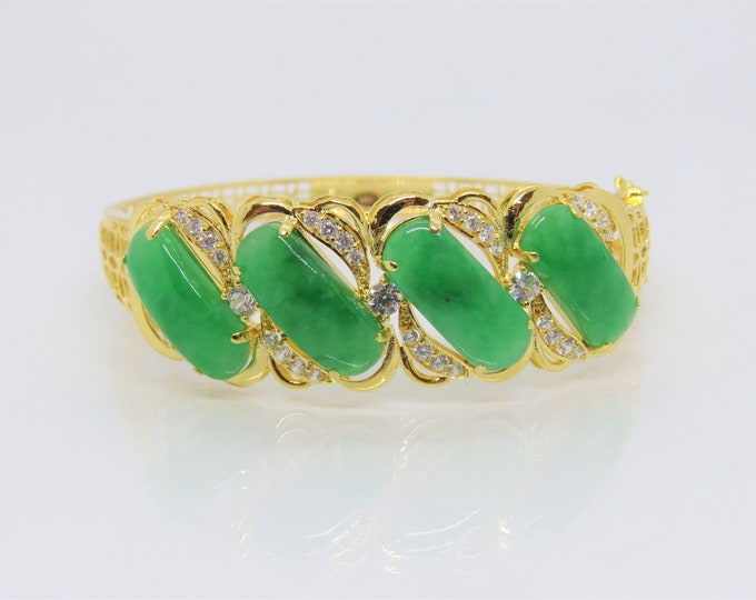 Vintage 18K Solid Gold Saddle Green Jadeite Jade White Topaz Money Coin Luck Bracelet 7''
