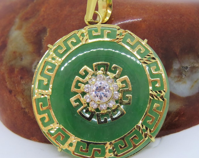 Vintage 18K Solid Yellow Gold Green Jadeite Jade White Topaz, Donut Circle Pendant