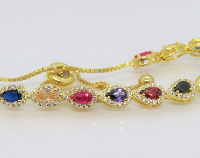 Sterling Silver 14K Plated Yellow Gold Multicolor Gemstones Adjustable Vintage Bracelet.