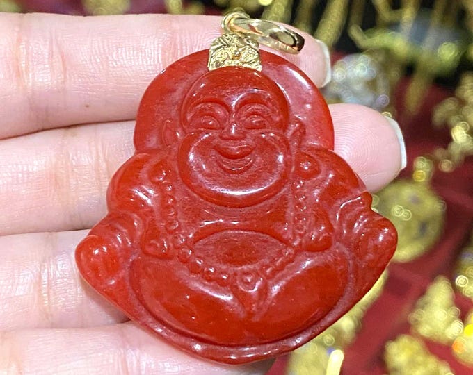 Vintage 14K Solid Yellow Gold Red Jadeite Jade Carved Laughing Buddha, Happy Buddha Pendant.