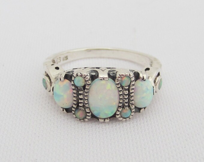 Sterling Silver Opal Three Stone Ring Size 7