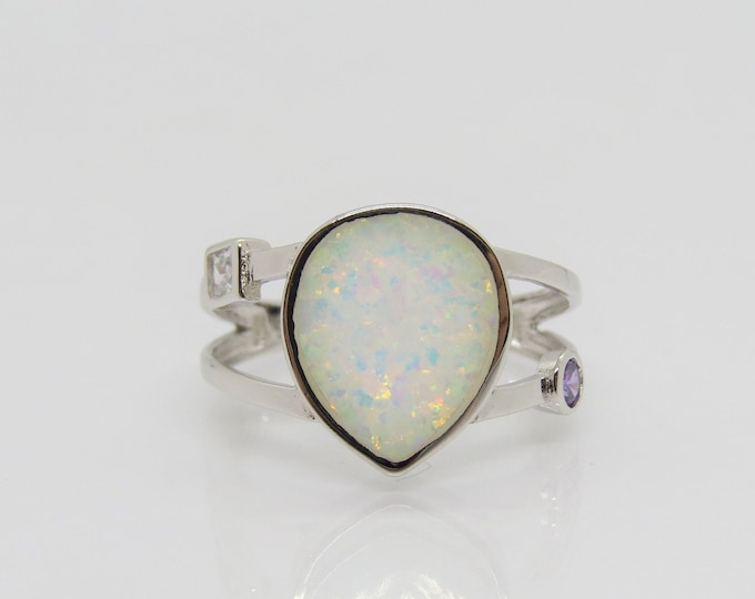 Sterling Silver White Opal, Amethyst & White Topaz Ring Size 7