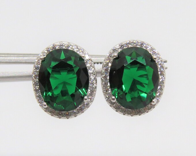 Vintage Sterling Silver Oval cut Emerald & White Topaz Halo Earrings