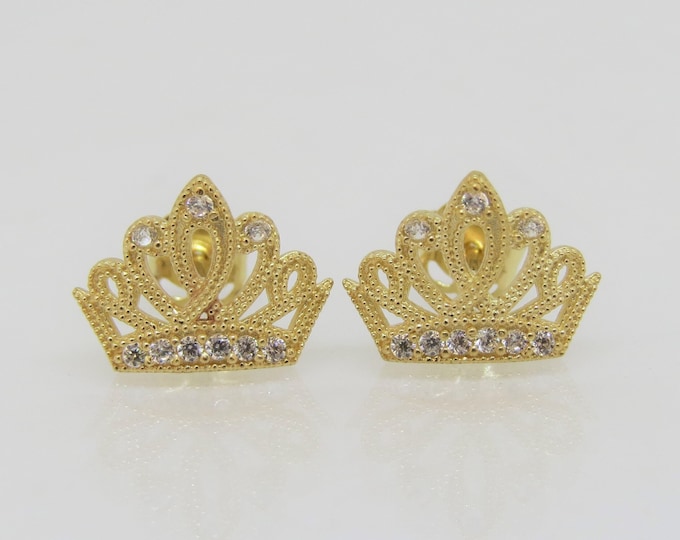 14K Solid Yellow Gold White Topaz Crown Earrings