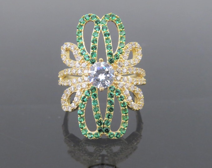 Vintage 18K Solid Yellow Gold Emerald & White Topaz Geometric Ring Size 6
