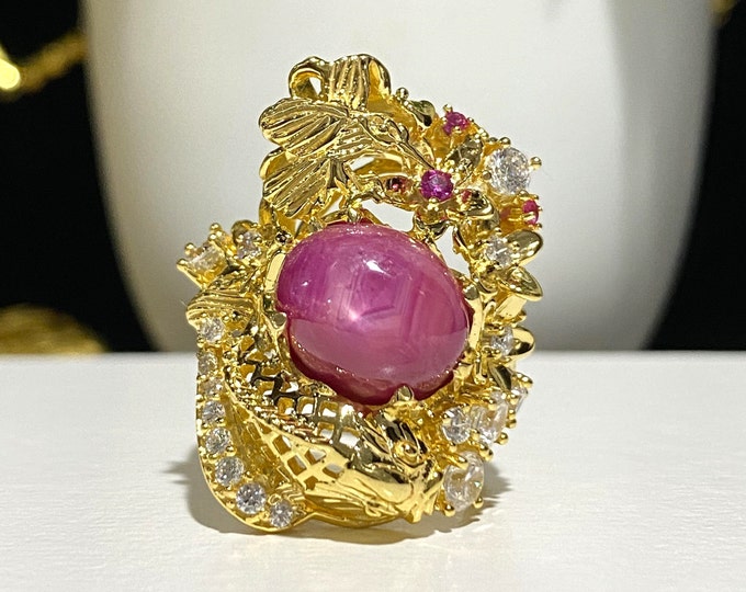 Vintage 15K 610 Solid Yellow Gold Natural Ruby, Blue Sapphire & White Topaz Fish Ring Size 8.75