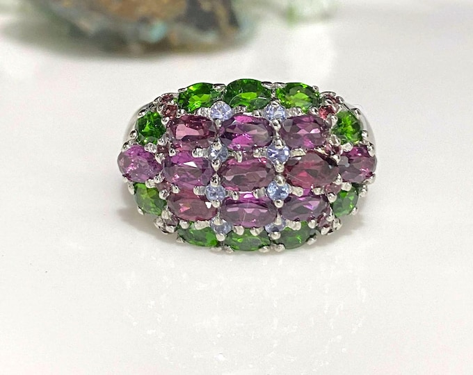 Vintage Sterling Silver Natural Rhodolite & Diopside Ring Size 8 3/4
