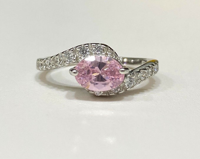 Vintage Sterling Silver Pink Sapphire & White Topaz Ring.