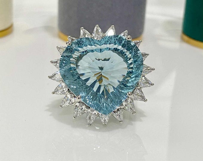 Vintage Sterling Silver Heart Aquamarine & White Topaz Ring - Size 6.