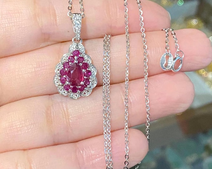 Vintage Sterling Silver Natural Ruby & White Topaz Pendant Chain. 17''