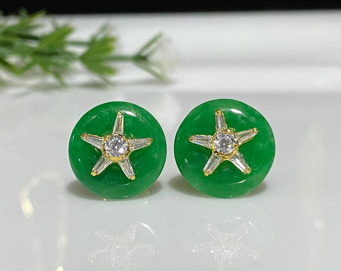 Vintage 18K Solid Yellow Gold Natural Apple Green Jadeite Jade & White Topaz Star CircleEarrings