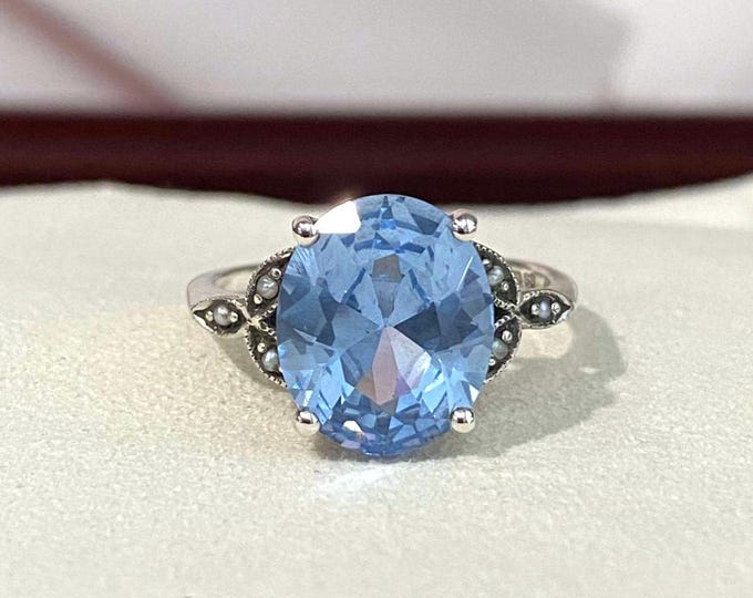 Vintage Sterling Silver Aquamarine & Seed Pearl Ring Size 9
