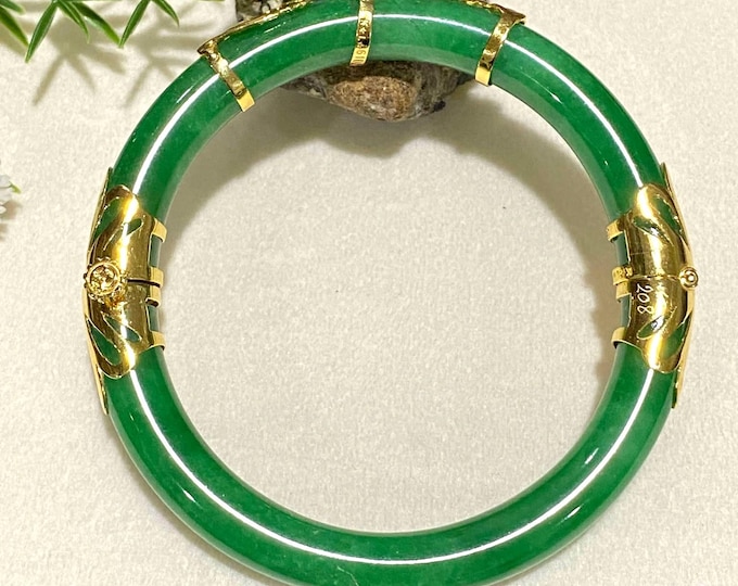 Vintage 15K 610 Solid Gold Green Jadeite Jade Hinged Bangle Bracelet 55MM
