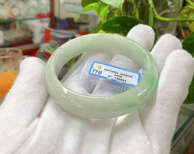 Translucent Natural Green, White Jadeite Jade Vintage Bangle Bracelet 59.1MM