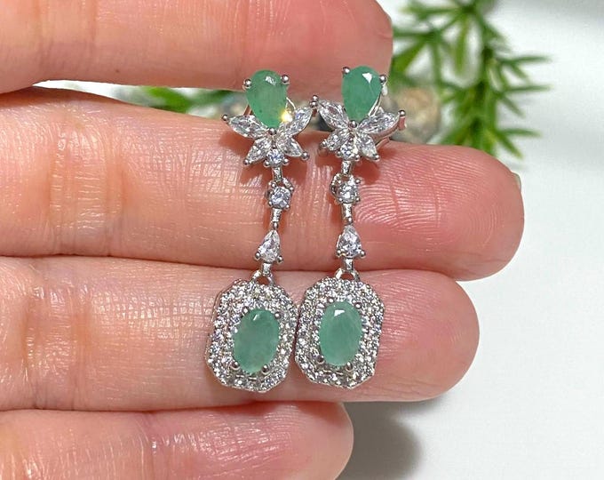 Vintage Sterling Silver Natural Emerald & White Topaz Dangle Earrings.