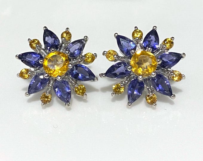 Vintage Sterling Silver Natural Citrine & Iolite Flower Earrings.