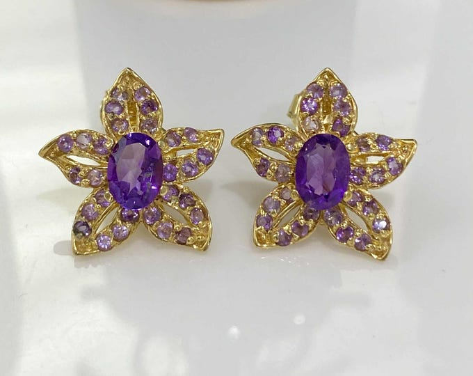 Vintage Sterling Silver 14k Gold Plate Amethyst Flower Earrings.