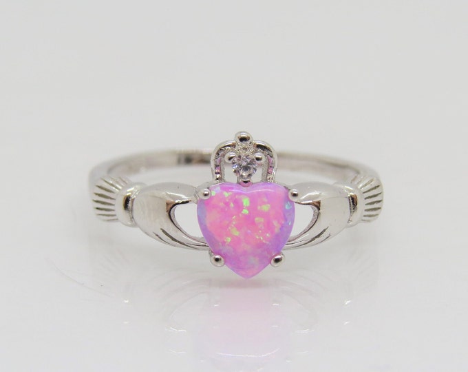 Vintage Claddagh Sterling Silver Pink Opal & White Topaz Ring Size 7