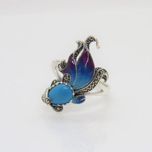Vintage Sterling Silver Turquoise, Marcasite Enamel Fish Ring Size 7
