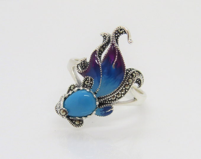 Vintage Sterling Silver Turquoise, Marcasite Enamel Fish Ring Size 7