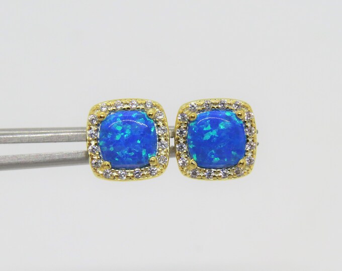 Vintage Sterling Silver 14K Yellow Gold Plate Blue Opal & White Topaz Earrings