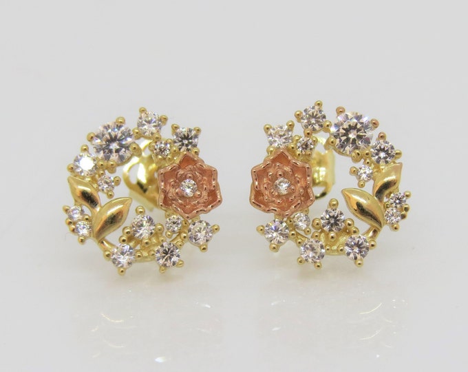 14K Solid Yellow & Rose Gold White Topaz Flower Earrings