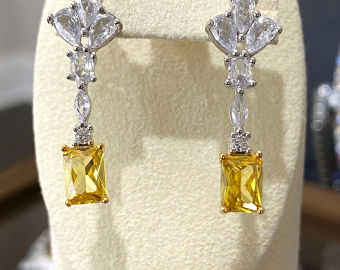 Vintage Sterling Silver Yellow Sapphire & White Topaz Drop Dangle Earrings.