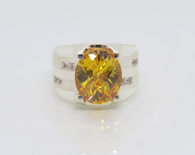 Vintage Sterling Silver Oval Citrine & White Topaz Men's Ring Size 9.25