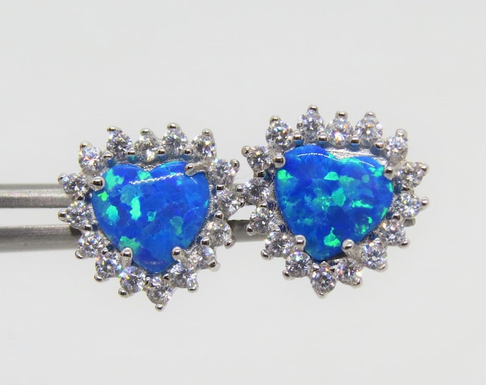Sterling Silver Blue Opal & White Topaz Heart Earrings