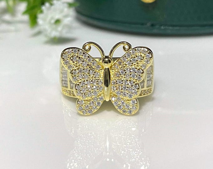 Vintage 14k Gold Plate on Sterling Silver White Topaz Butterfly Ring size 8