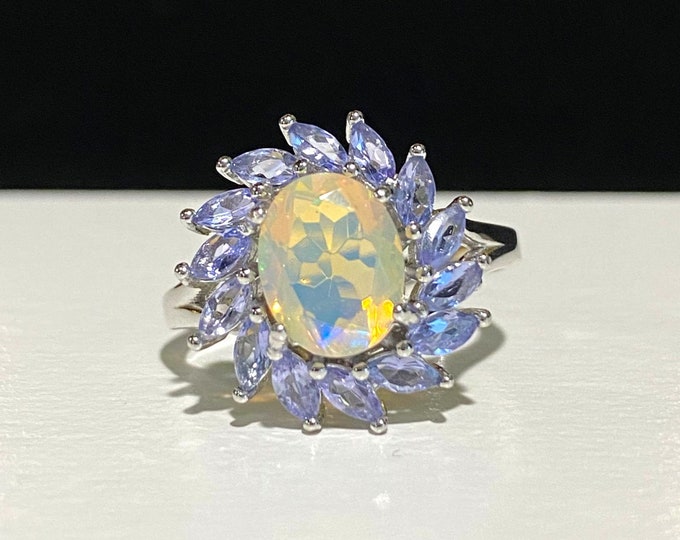 Vintage Sterling Silver Natural Fire Opal, Tanzanite Ring Size 8