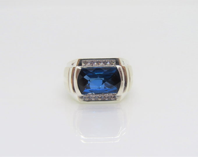 Vintage Sterling Silver Blue Sapphire & White Topaz Men's Ring Size 8.5