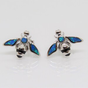Vintage Sterling Silver Blue Opal & Black Onyx Bee Earrings