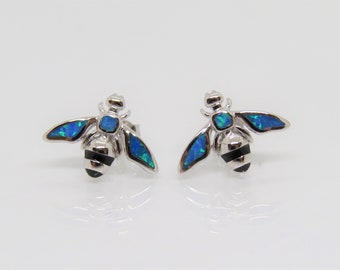 Vintage Sterling Silver Blue Opal & Black Onyx Bee Earrings